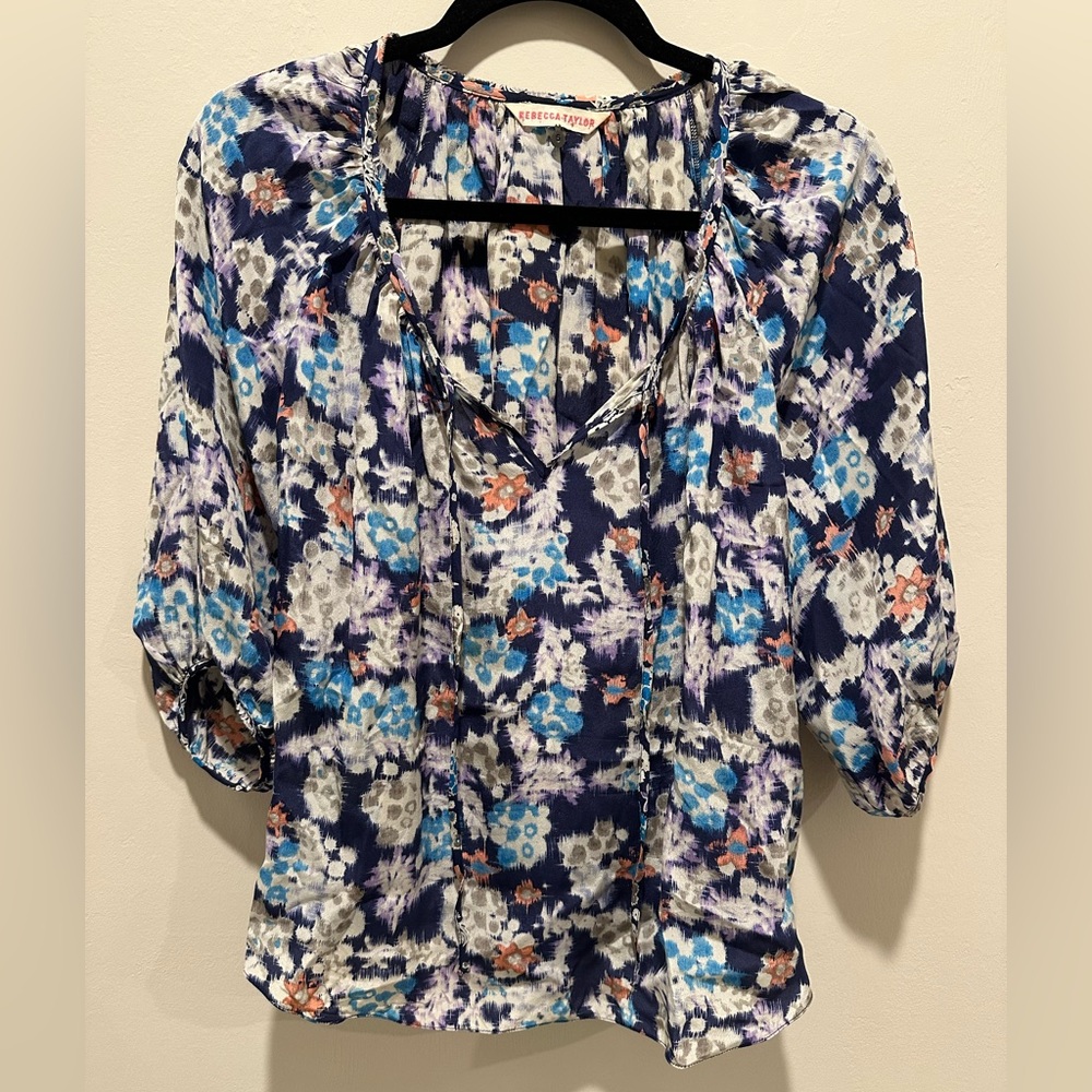 Rebecca Taylor Blue and White Silk Ruffled Notched Collar Blouse